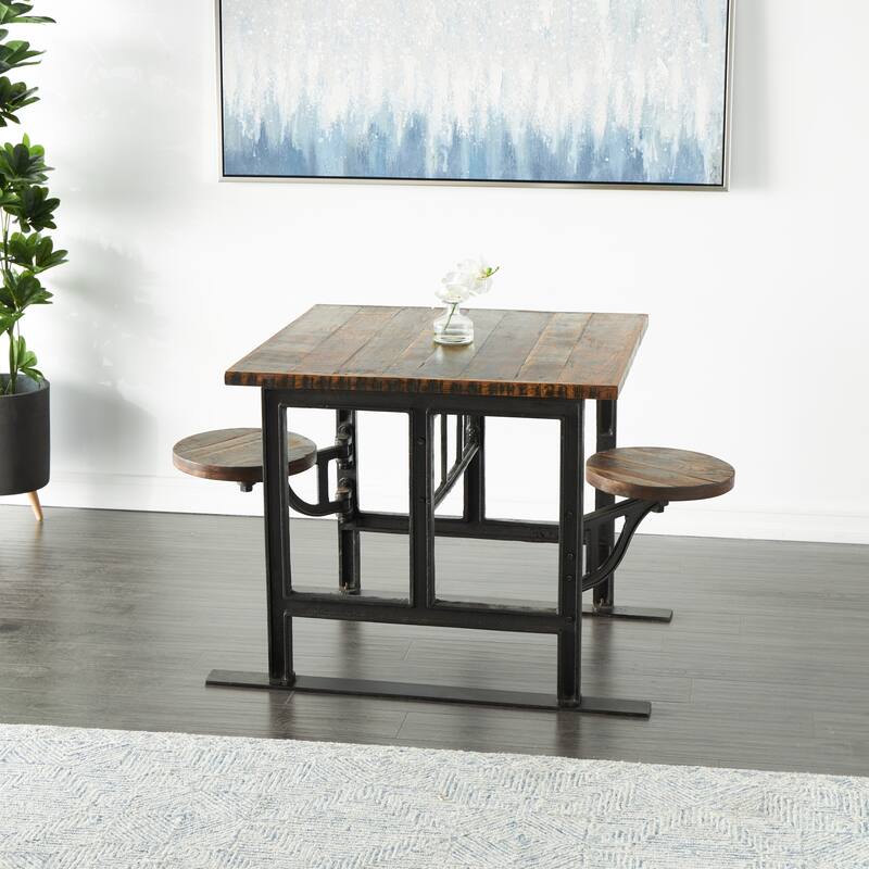 Teak Wood Dining Table with Two Attached Seats - Brown - Roche River Decor