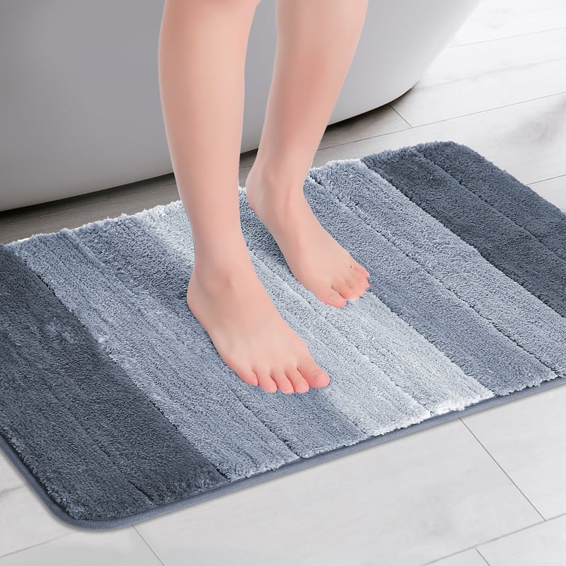 Plush Gradient Striped Bathroom Rug, Microfiber Shaggy Bathroom Mat Machine Washable with TPR Backing - Blue - 20" x 32"
