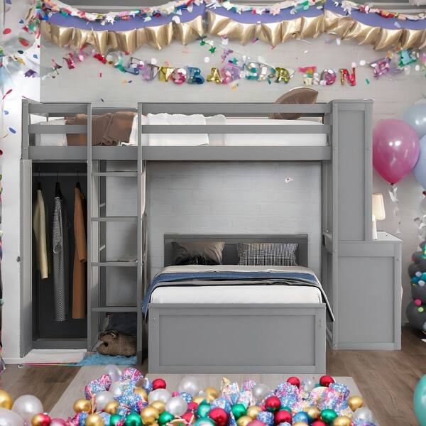 slide 2 of 9, Modern Twin size Loft Bed With Twin Size Stand-alone Bed,Shelves,Desk And Wardrobe,Versatile Use Grey
