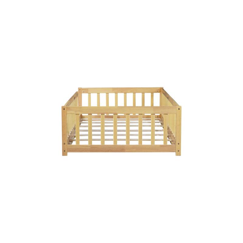 Twin Size Rubber Wood Floor Bed with Safety Guardrails, Natural Finish, Easy Assembly