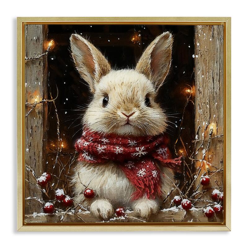 Stupell Bunny with Snowy Holly Berries Framed Floater Canvas Wall Art Design By Riley B - 25 x 25 - Gold