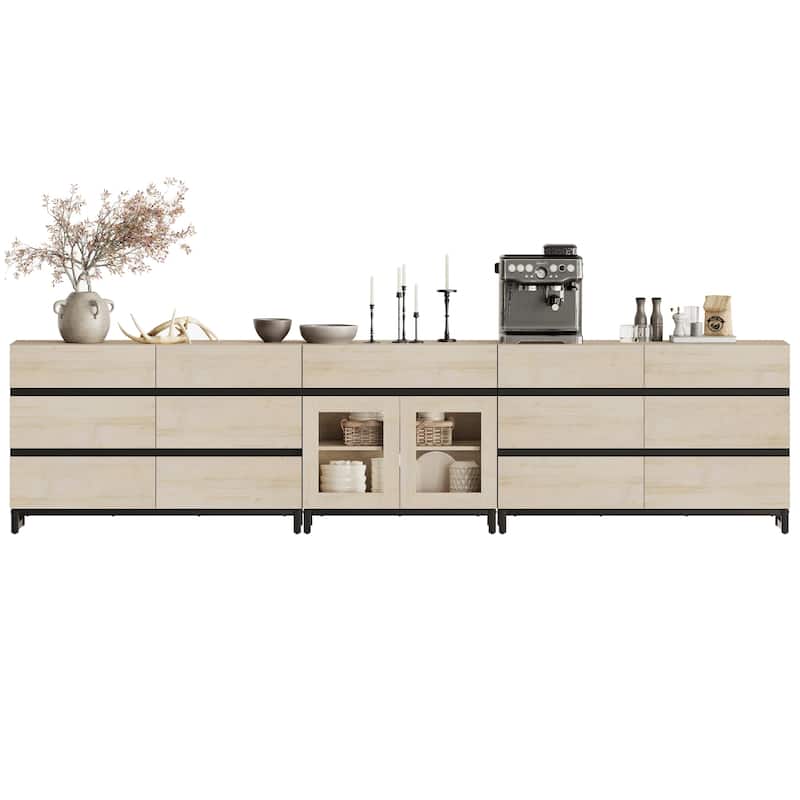WAMPAT 3 in 1 Modern Sideboard with Glass Doors and 3 Drawers, Coffee Bar Cabinet for Kitchen
