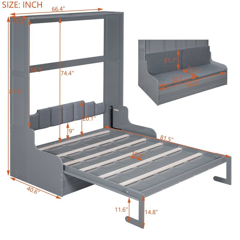 Queen Size Murphy Wall Bed with Built-In Loveseat Sofa and Foldable Cushions, Space-Saving Dual-Piston Mechanism Cabinet Bed
