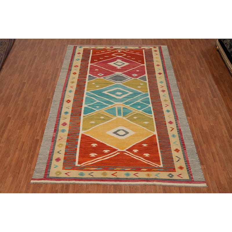Hand Woven Oriental 100% Wool Carpet Southwestern Tribal Multi-Colored Kilim Area Rug - 12' 3'' X 8' 10''