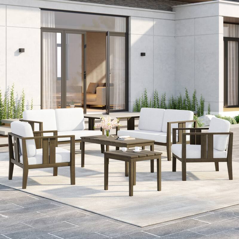 6-Piece Outdoor Furniture Solid Teak Patio Conversation Set with Table - Beige - Naturalframe