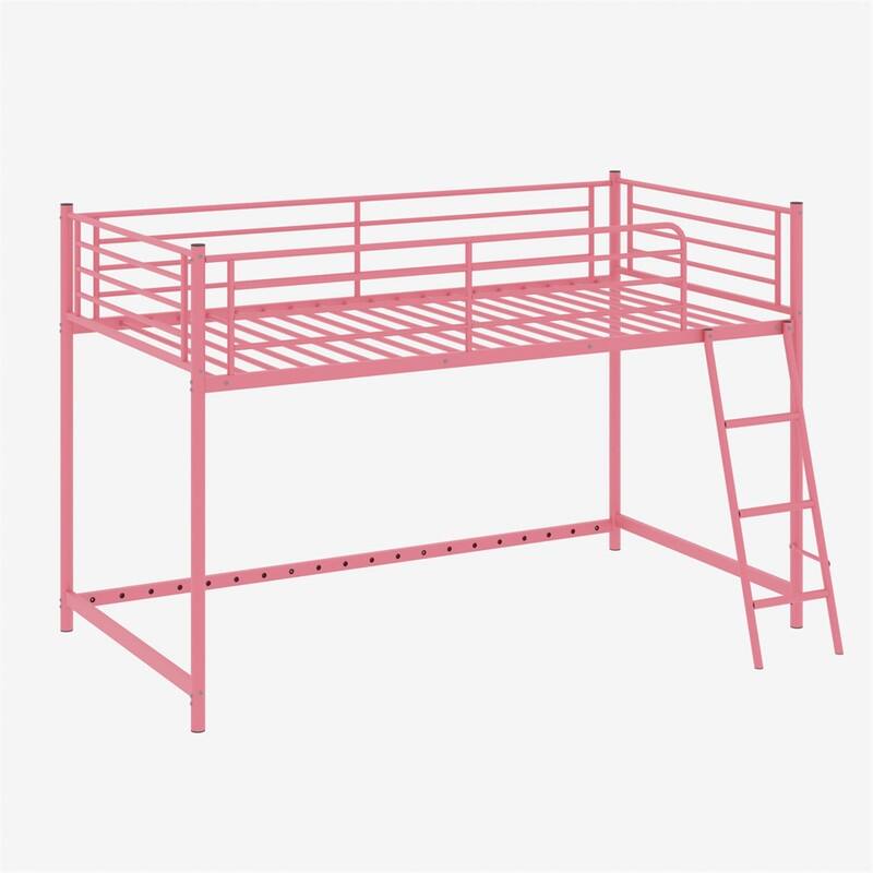 Junior Metal Twin Loft Bed With Guard Rails And Stairs - Pink