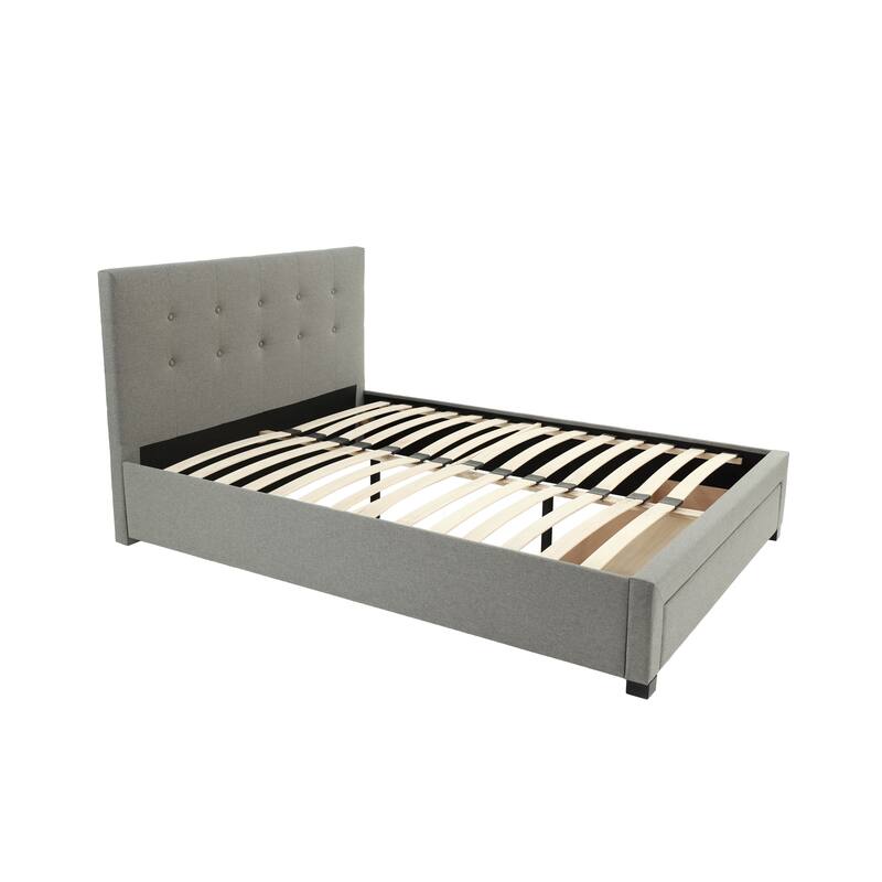 Full Size Modern Bed with Tufted Headboard and Storage Drawer, Grey Polyfiber Finish