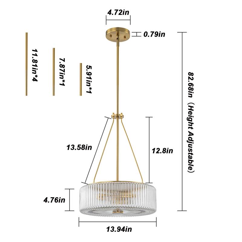 13.9 in. 3-Light Gold Chandelier Ripple Glass Pendant Light