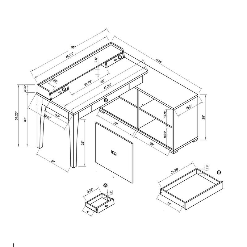 GDFStudio - Natalie L Shaped Workstation Desk with Mini Hutch, Sliding Door Credenza, USB Charging Port