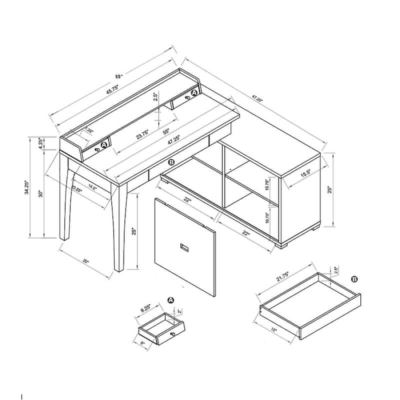 L-Shaped Workstation Home Office Desk Grey Mini Hutch Return Credenza Sliding Door Aluminum Metal Hardware