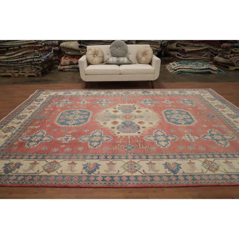 Hand Knotted Oriental 100% Wool Carpet Traditional Geometric Oranges & Rust Kazak Area Rug - 12' 0'' X 8' 11''