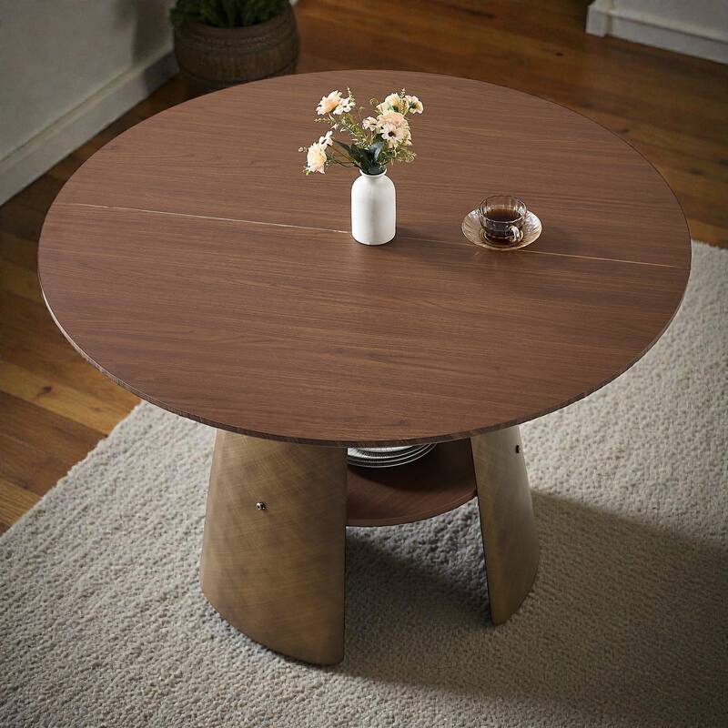 47.25 Inch Round Dining Table with Storage Shelf, Retro Walnut MDF Top and Metal Frame, Seats 4-6