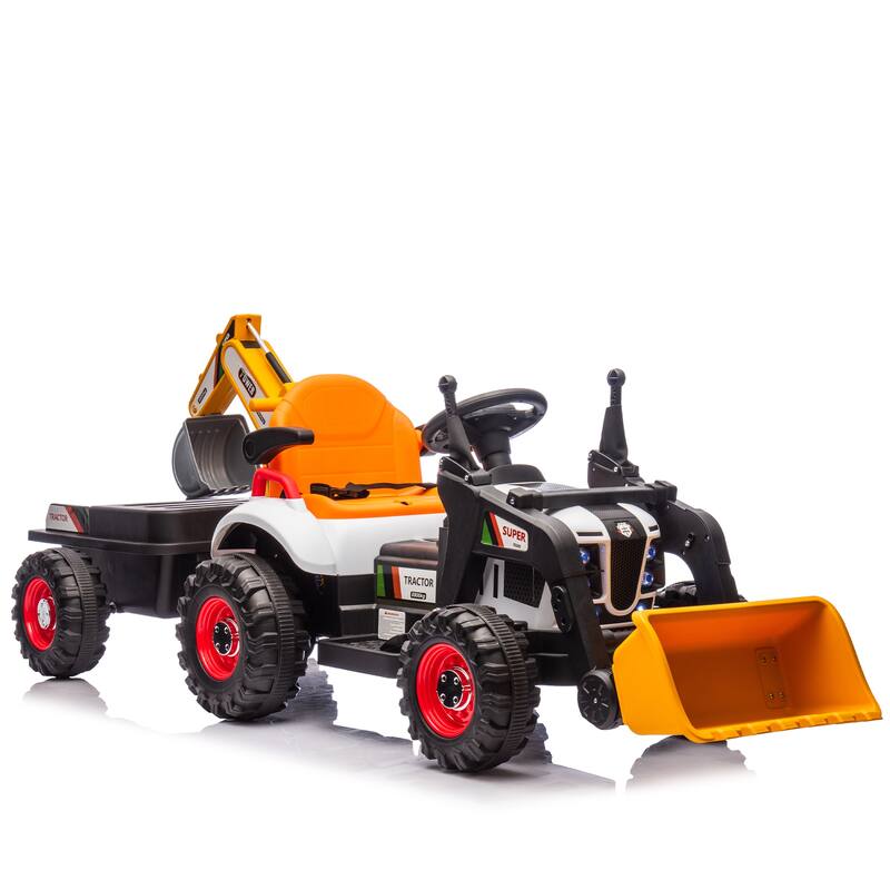 24V Kids Electric Ride-On Tractor for Ages 3+, 4-in-1 Attachments with Remote Control & Music - Orange