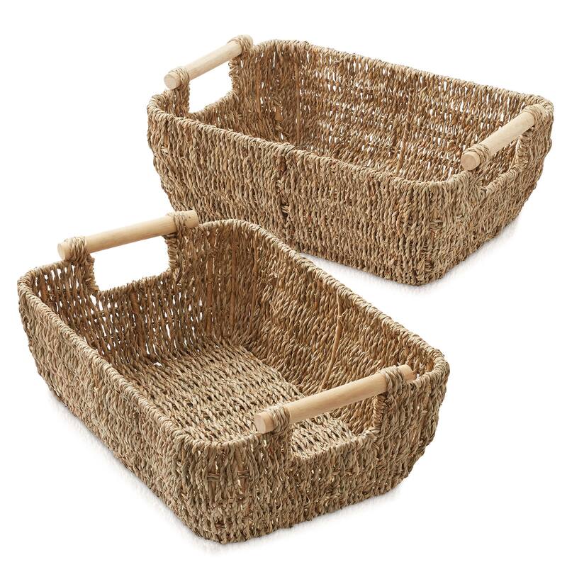Hyacinth Seagrass Oval Storage Baskets with Wooden Handles Woven Bins