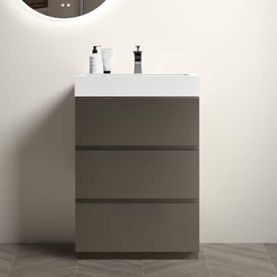 24" Grey Large Storage Freestanding Vanity for Modern Bathroom, One-Piece White Sink Basin without Drain and Faucet