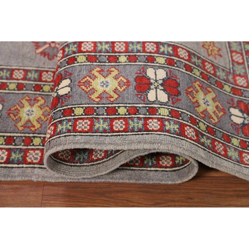 Gray Geometric Kazak Area Rug Living Room Handmade Wool Carpet - 5'7" x 7'3"