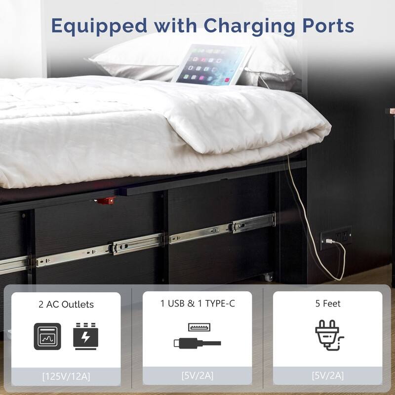 Murphy Bed with Storage Drawer,Smart LED Lighting & Built-in Charging Station, Space-Saving Cabinet Bed for Kids,Adults,Black