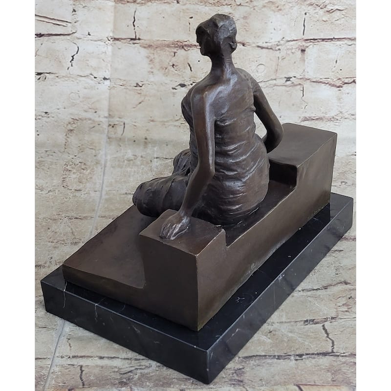 Woman On Bench By Henry Moore Abstract Modern Art Bronze Statue Sculpture Marble Base 9 Inches X 8 Inches
