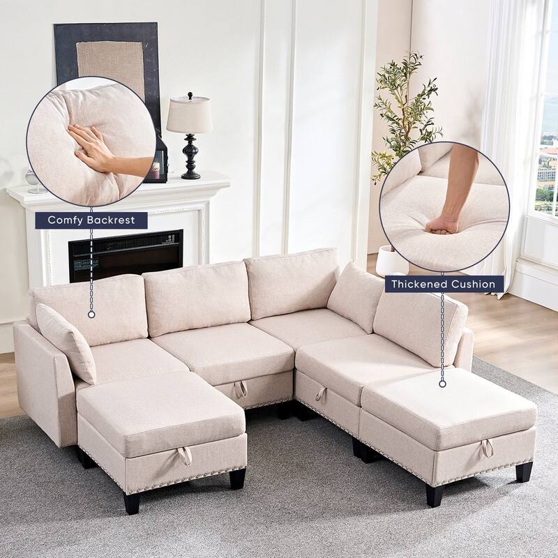 Mixoy Rivet Design Flexible Combination Reversible 4-Seater Modular Sofa with Storage Ottomans,Linen Convertible Sleeper Sofa