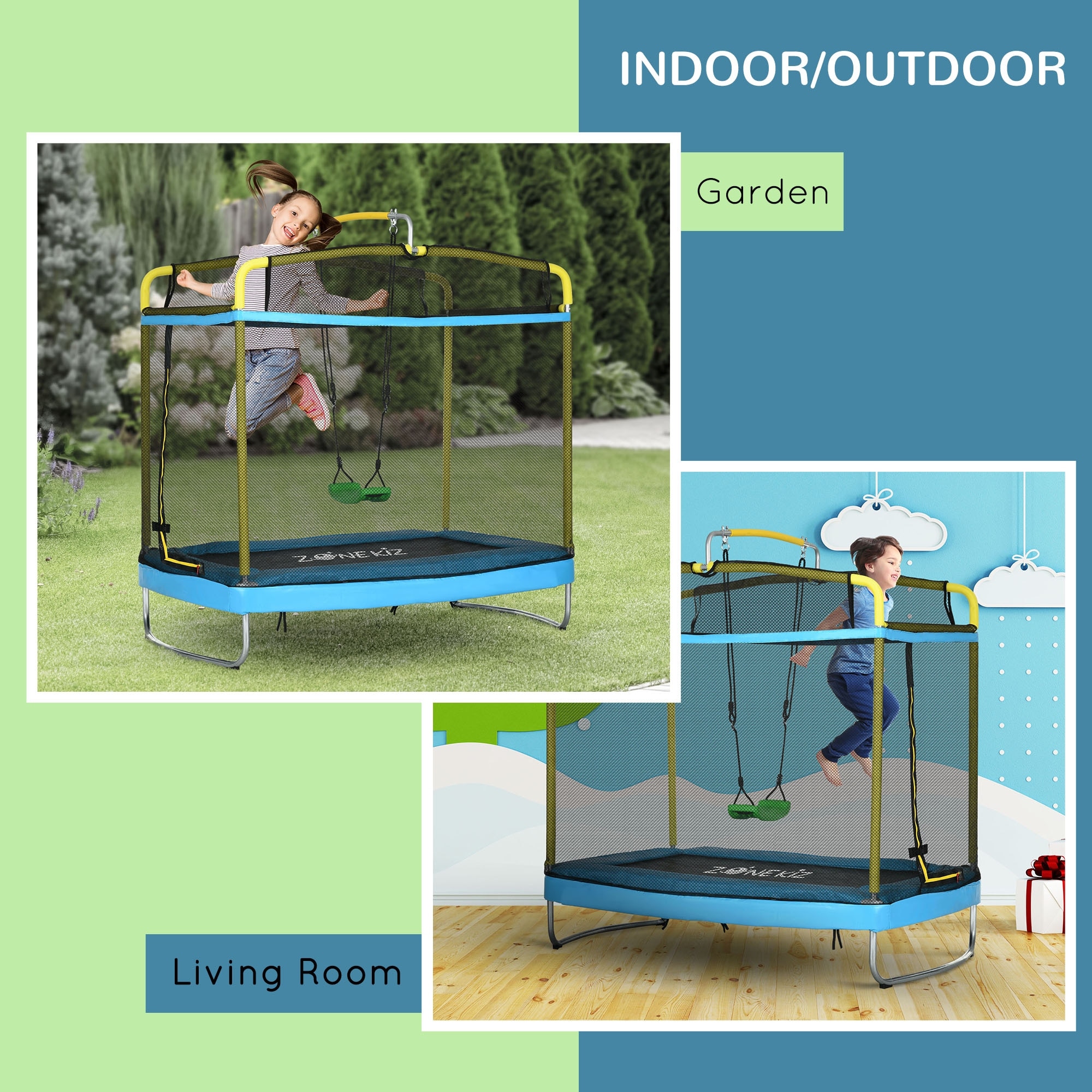 3 in 1 Trampoline for Kids with Enclosure Swing Gymnastics Bar Toddler Trampoline