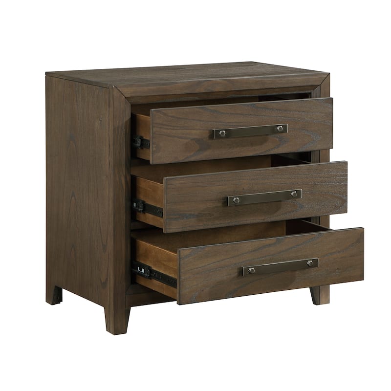Wyn 27 Inch Nightstand, 3 Drawers, Nickel Handles, Brushed Walnut Brown
