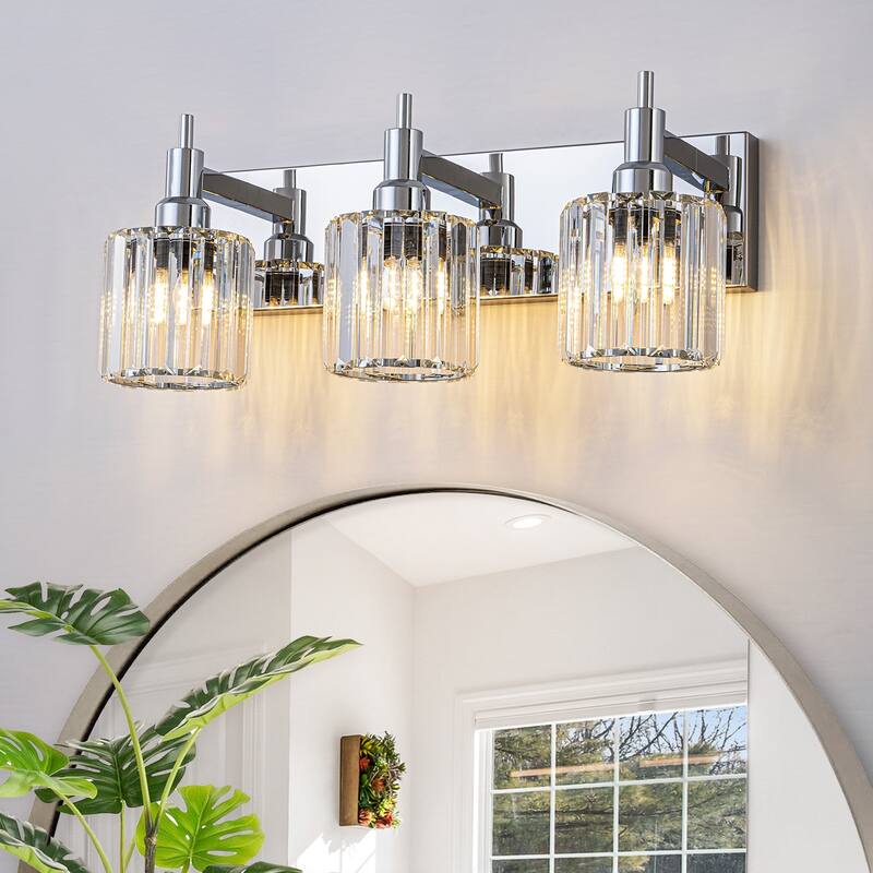 3/4/5-Light Modern Glam Dimmable Cylinder Crystal Wall Light Bathroom Vanity Light - 19.7 in. W 3-Light - Chrome