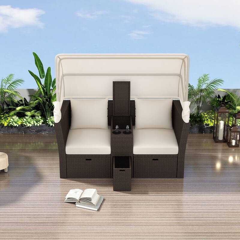 Convertible Outdoor Patio Daybed Loveseat Set with Retractable Sunshade, Cup Holders, Storage Boxes, Water-Repellent Cushions