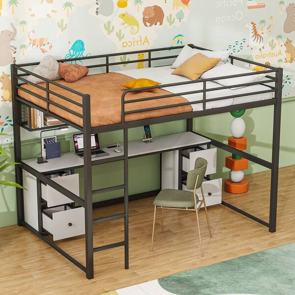 slide 2 of 8, Full Metal Loft Bed w/Desk, Drawers & Charging Station, USB & Socket Black - Full