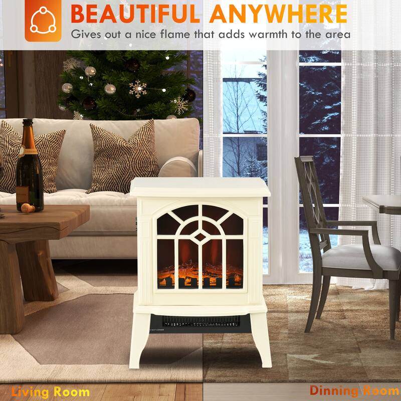 18" Cream White Electric Fireplace Heater with LED Flames, Overheat Protection, 750W/1500W