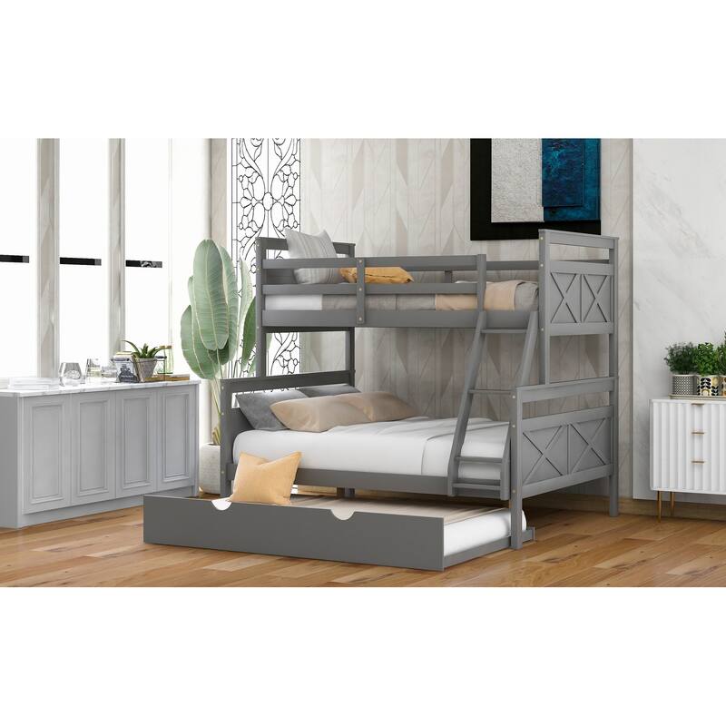 Modern Casual Style Gray Twin over Full Bunk Bed with Ladder Twin Size Trundle and Safety Guardrail Suitable for Bedroom