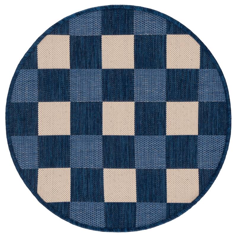 SAFAVIEH Courtyard Meryem Indoor/Outdoor Washable Backyard Patio Rug - 2'7" Round - Navy/Beige