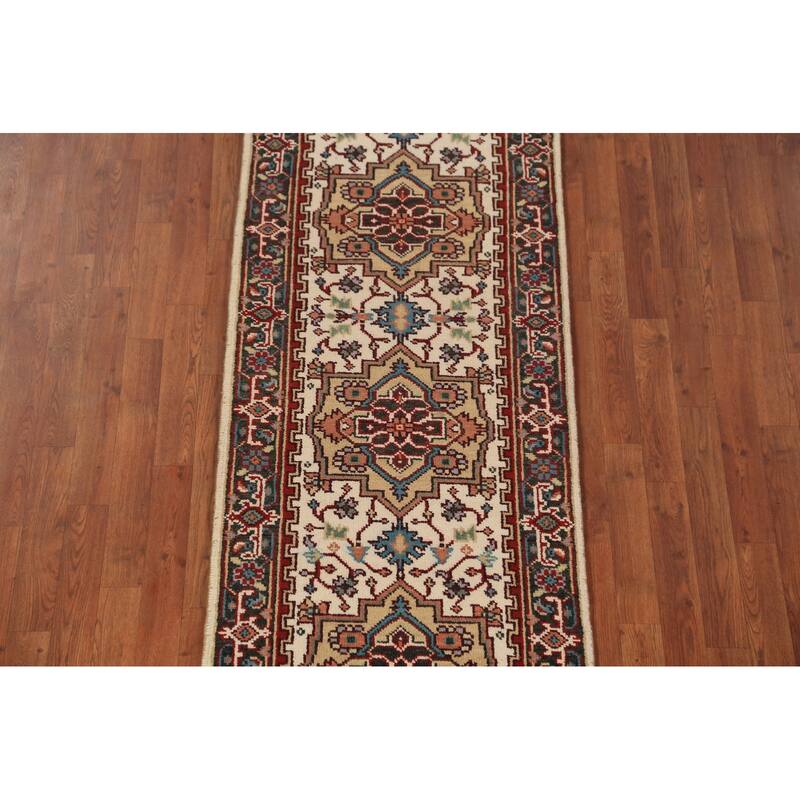 Geometric Heriz Serapi Indian Runner Rug Handmade Wool Carpet - 2'6"x 13'10"