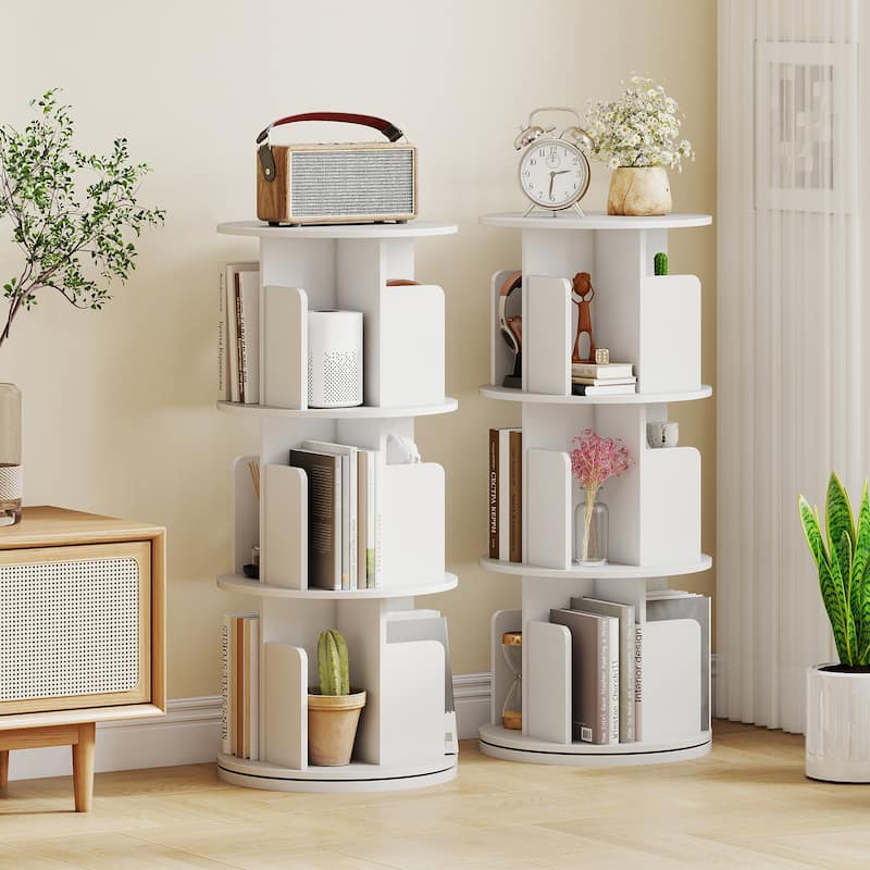 Space-Saving 3-Tier Rotating Bookshelf Storage Rack Tower with Divided Shelves Ideal for Photos or Decor - 15.5" x 15.5" x 38.5"