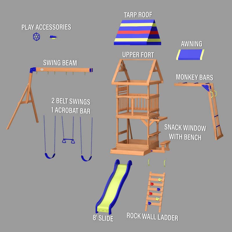 Backyard Discovery Beach Front Cedar Wood Swing Set, Slide, Play Deck - 14'1" x 14'5"