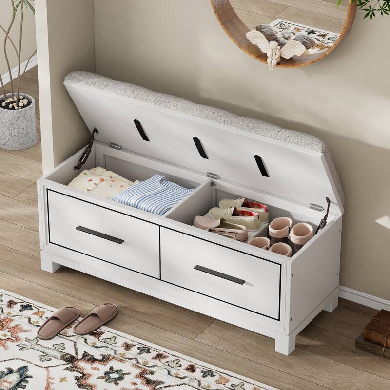Shoe Bench with Removable Cushion and Hidden Storage - White
