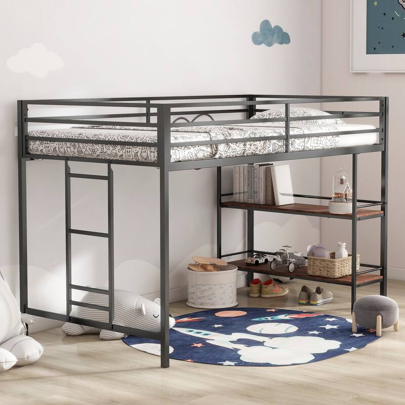 Adam Sturdy Junior Twin Loft Bed (Black) w/ Cinnamon Shelf - Kids, Space-Saving, Ladder, Guardrails - Black - Twin