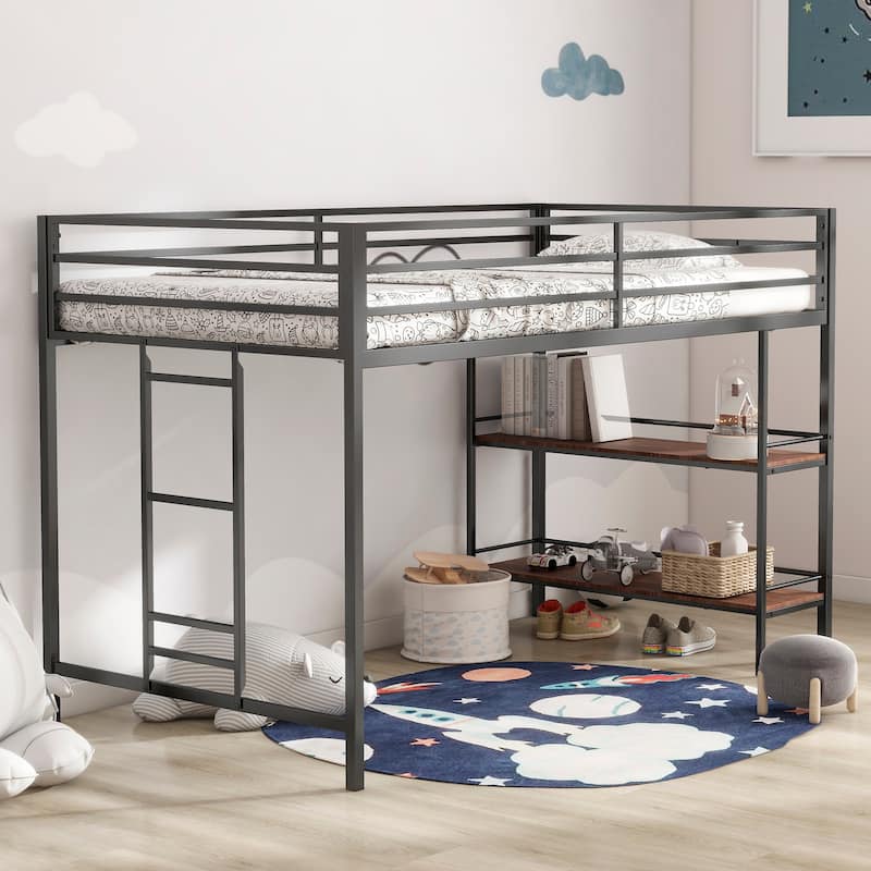 Junior Twin Loft Bed with Cinnamon Wood Shelf, Guardrails, and Ladder, Space-Saving Design for Kids' Bedroom - Black