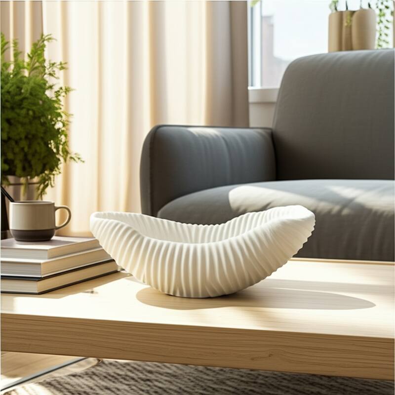 Resin Decorative Bowl Rippled Texture Modern Design - 17" White - 16.75" x 8.5" x 6.25" - White - 16.75" x 8.5" x 6.25"