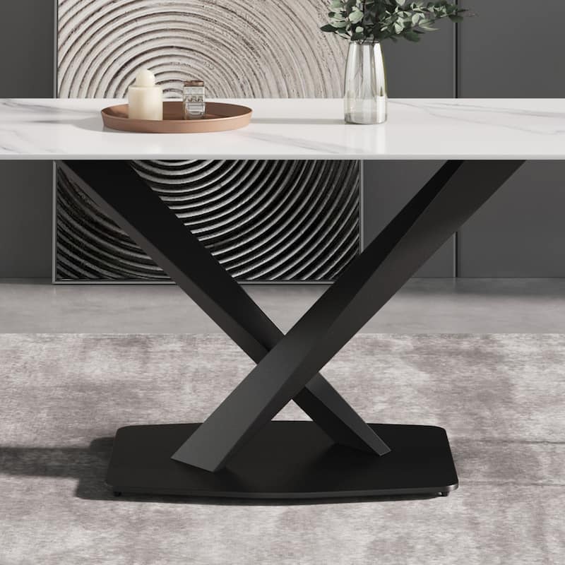 70.87" modern artificial stone white straight edge black metal leg dining table-can accommodate 6-8 people