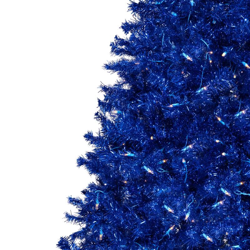 Pre-Lit Artificial Tinsel Christmas Tree - 7' - Blue - Clear Lights - 7 Foot