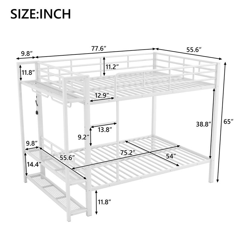 Full Over Full Size Bunk Bed with Storage Mesh Shelves and Clothes Hooks, LED Light - Metal Bed Frame with Metal Slat Support