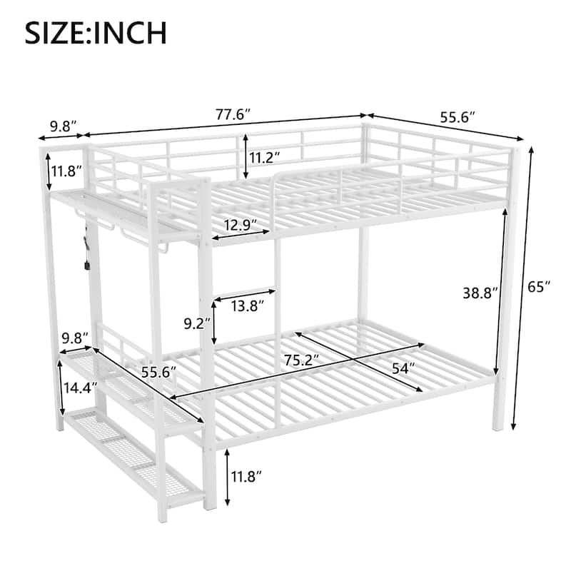 Roomfitters Full Size Metal Bunk Bed with Storage Shelves and Hooks, Space-Saving Frame for Bedroom