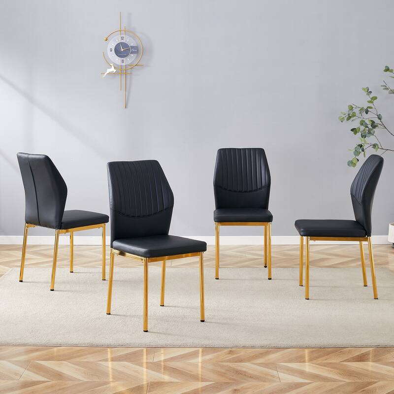 Luxury Simple Chair-Set Of 4 Pu Material Dining Chair With Metal Leg.The Chair Back Has A Vertical Stripe Design