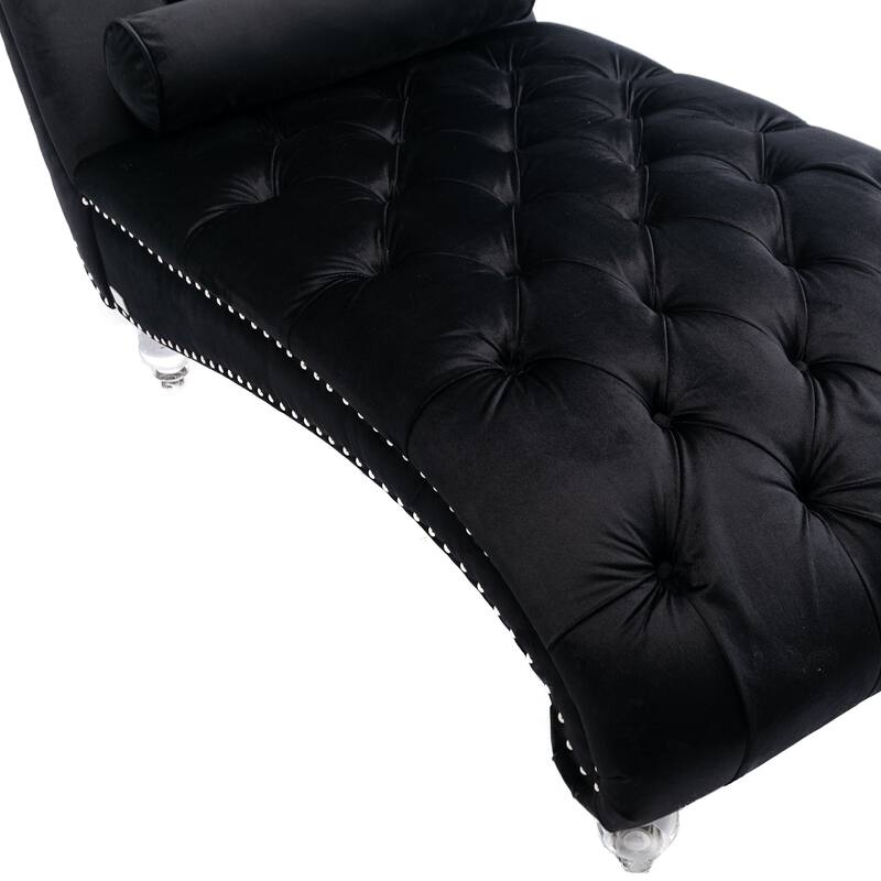 Black 63.98" Buttons Tufted Chaise Lounge Chair with Pillow