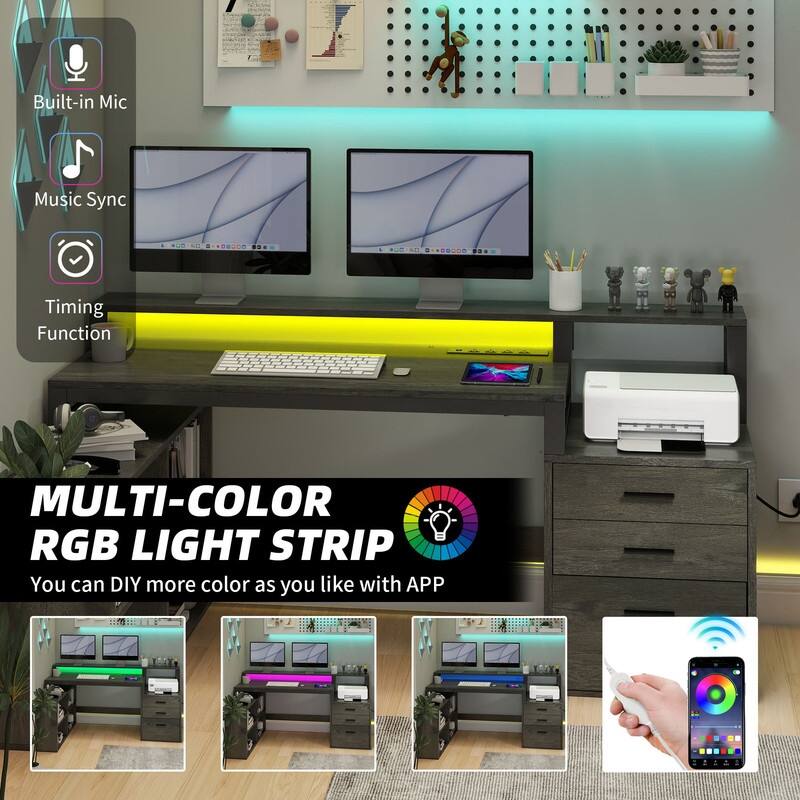 Moasis 65-inch L Shaped Computer Office Desk with Cabinet Drawers Gaming Desk w/Power Outlets & LED Lights - Grey