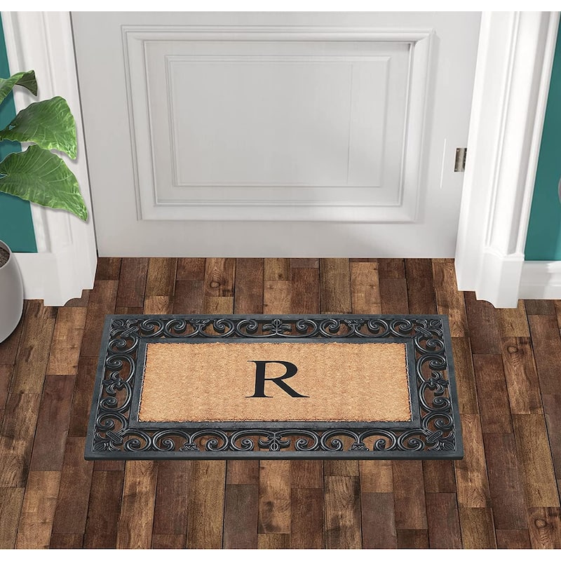 A1HC Rubber and Coir Paisley Border Monogrammed Outdoor Doormat Black, 18"X30"