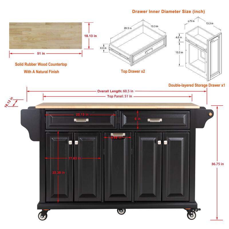 Kitchen Island with Rubber wood Countertop, Kitchen Cart on 5 Wheels with Storage Cabinet and 2 Top Drawers
