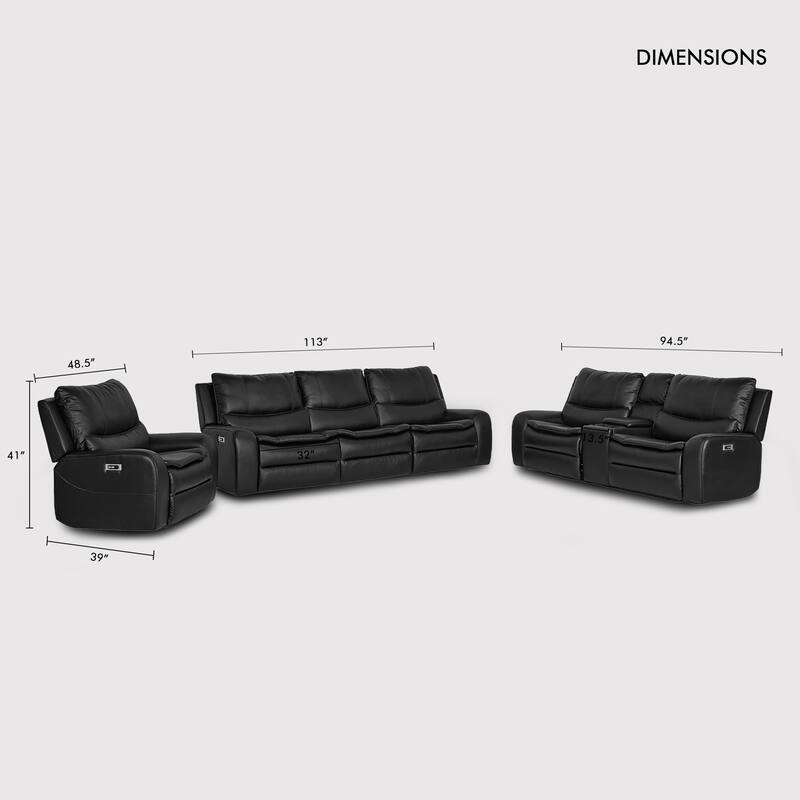 3-Piece Faux Leather Sofa Set with Double Width Seat, Power Recliner, Loveseat & Sofa, Wireless charging and Reading Lamp
