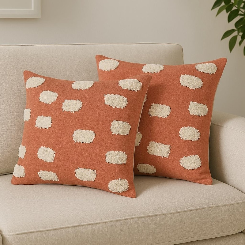 Set of Two 20" Orange And Natural And Orange Polka Dot Cotton Throw Pillows with Pompoms - Polyester - Set of 2 - 20 in. x 20 in.  x 4 in. - Accent - Orange/Natural