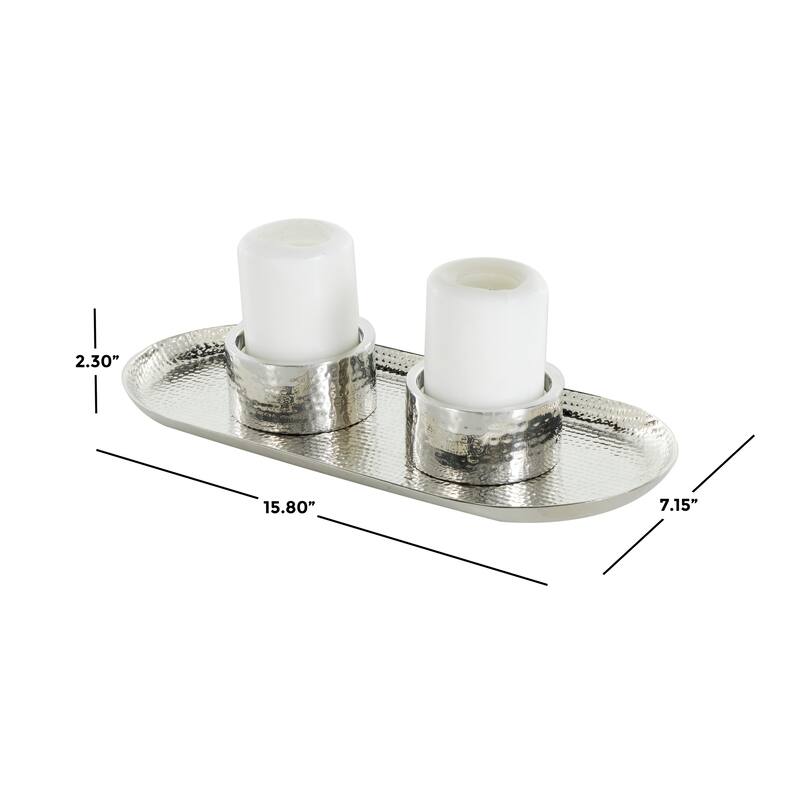 Gold or Silver Stainless Steel Metal Hammered Candle Holder with Oval Tray Plate